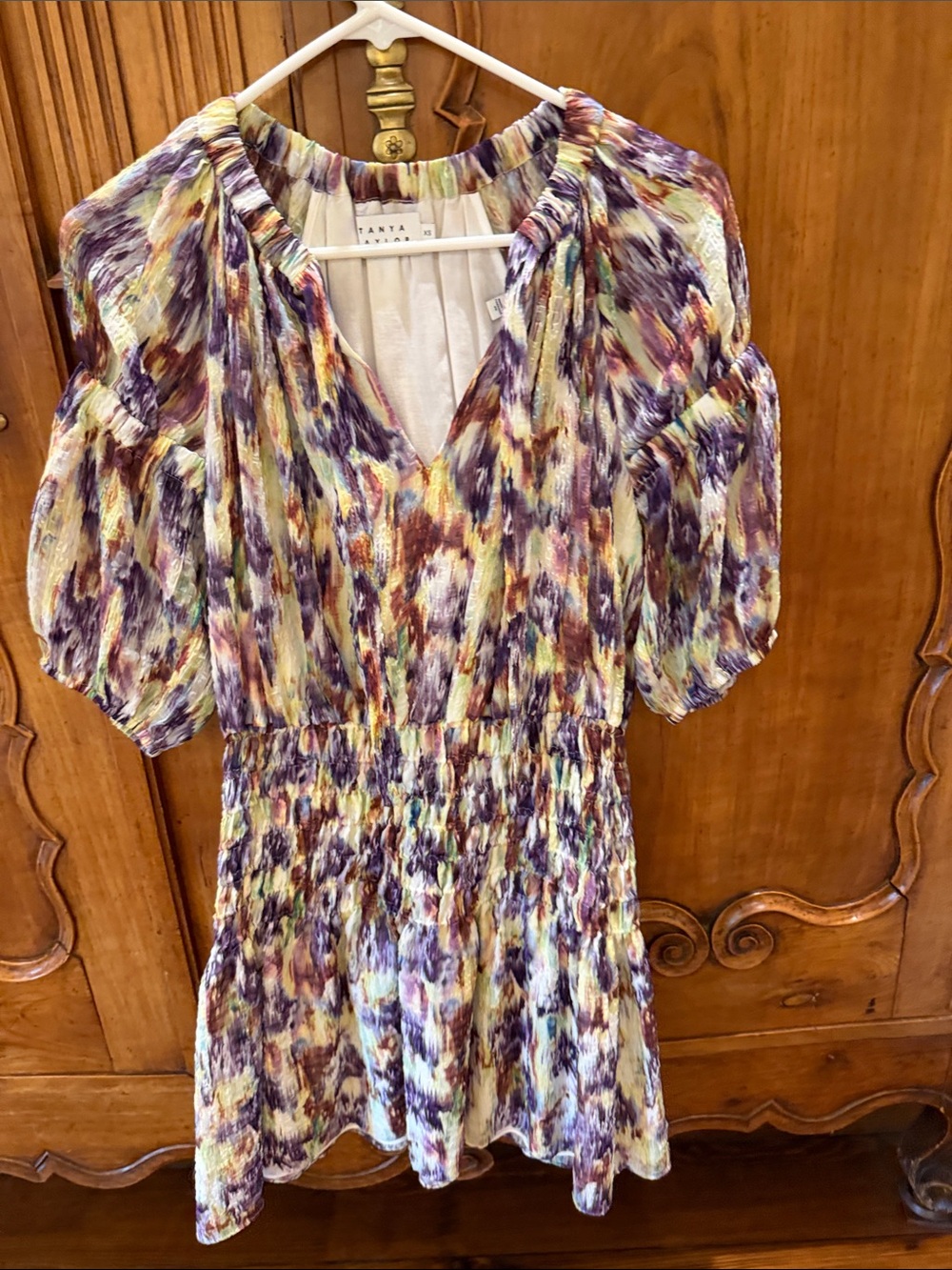 Tanya Taylor Multicolor Puff Sleeve V-Neck Top in Purple and Yellow